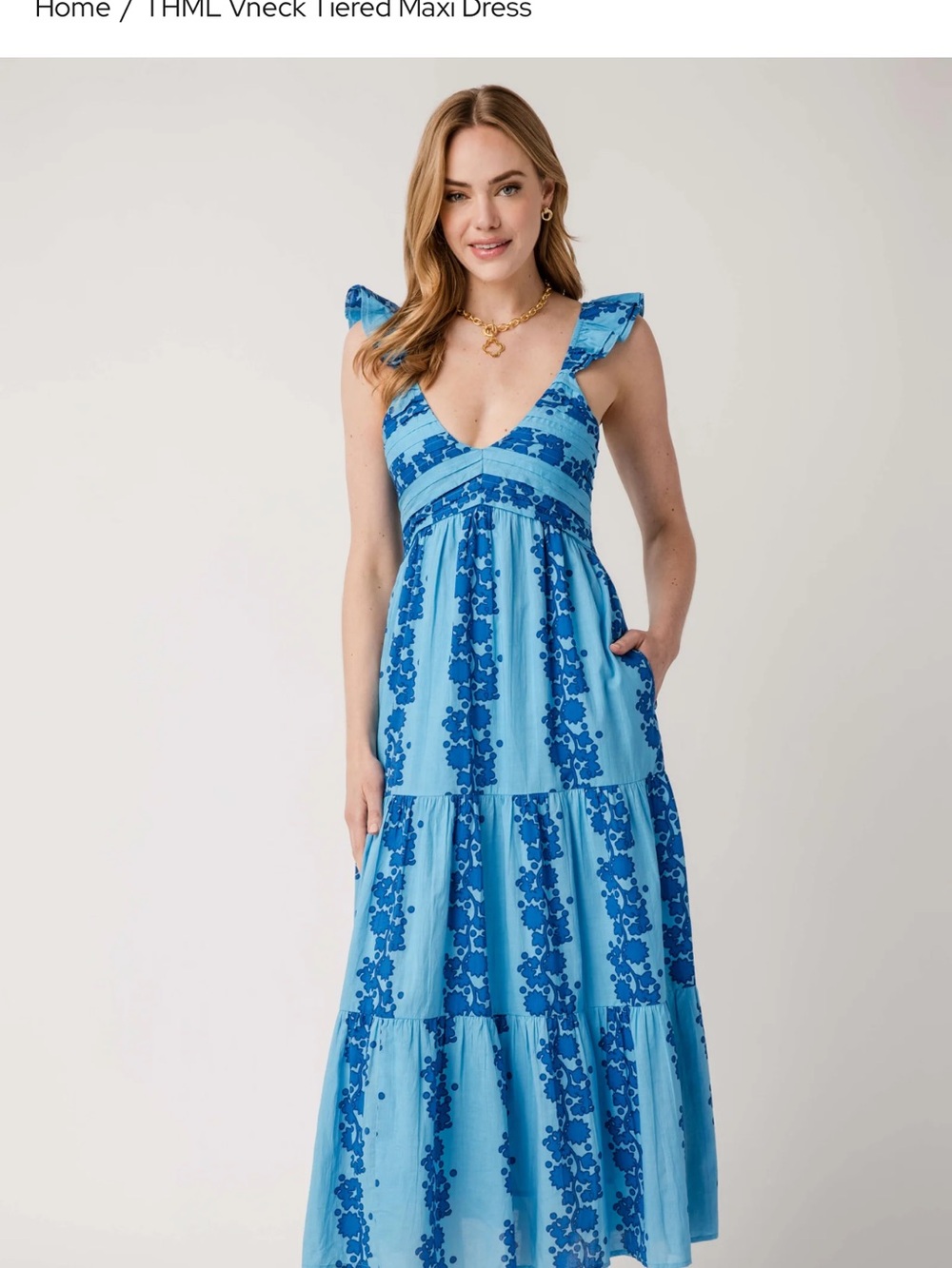THML Light Blue & Royal Blue Floral V-Neck Tiered Maxi Dress